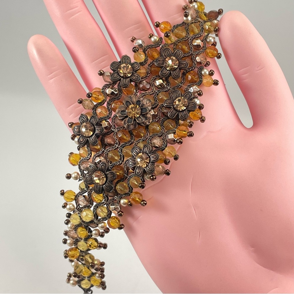 Stunning Vintage Yellow White Glass Seed Bead Rhinestone Floral Crochet Bracelet